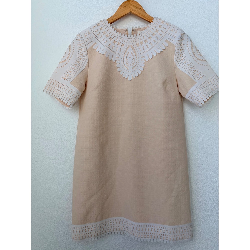 Endless Rose Beige Laser Cut Lace Trim Short Sleeve Shift Mini Dress Size S